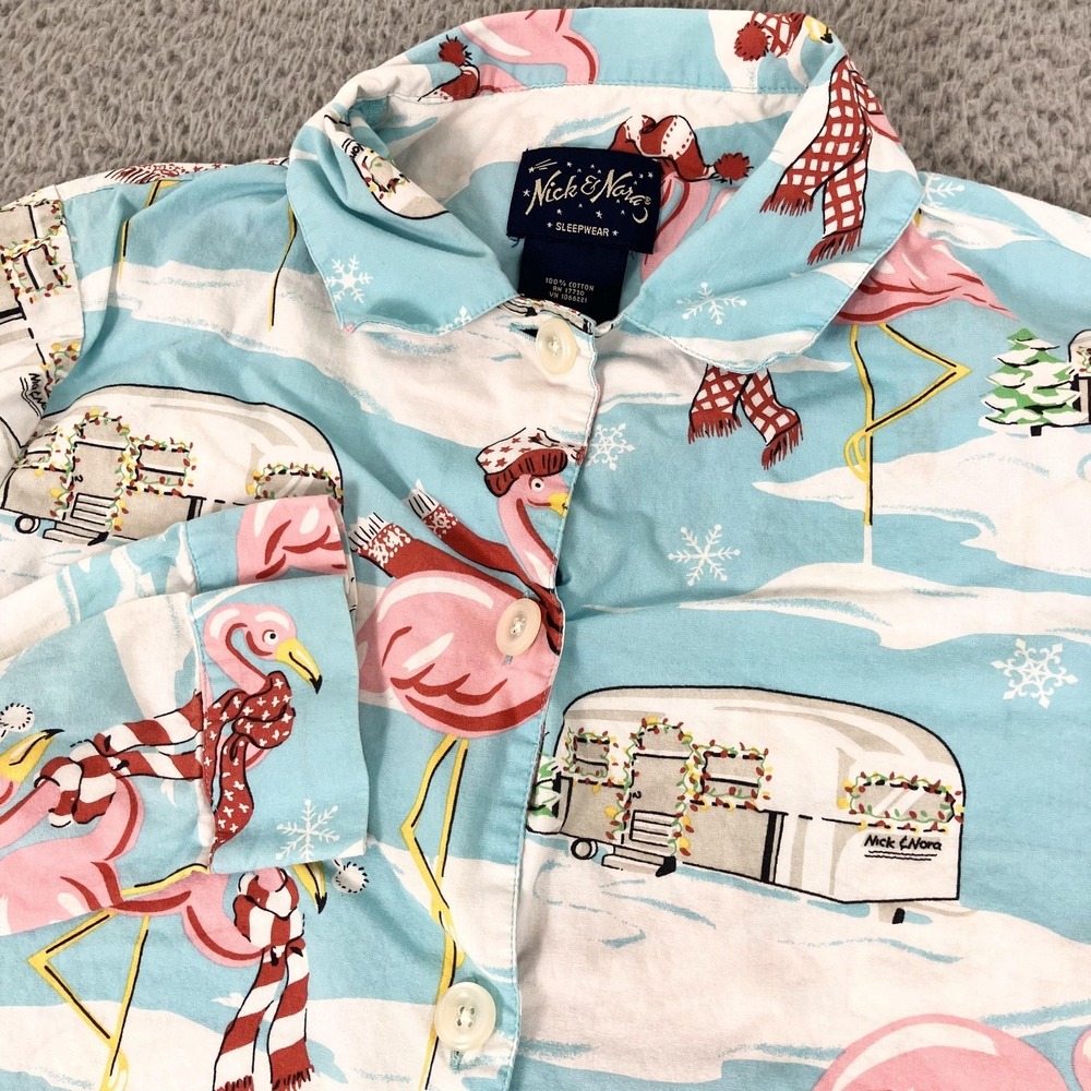 Nick & Nora Pajama Top Womens Medium‎ Blue Flamingo Christmas Long Sleeve Button